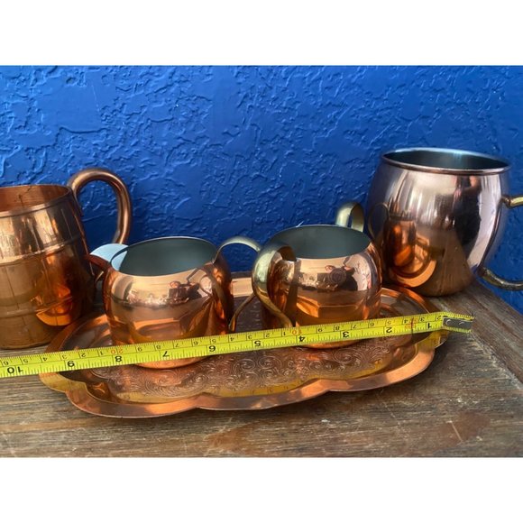 Vintage Copper set of plate and 2 cups and cream and sugar bowl - Picture 7 of 9
